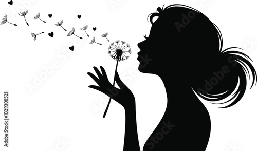 Woman silhouette blowing dandelion seeds and small hearts flying into the air