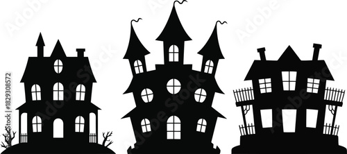 Three spooky haunted house silhouettes with multiple windows and creepy bare branches for Halloween decorations