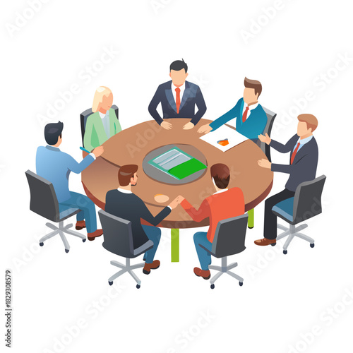 Politician sitting at round table in boardroom. Board of directors with CEO holding formal talk in office room flat vector illustration. Business authority, corporate leader, planning strategy ... See