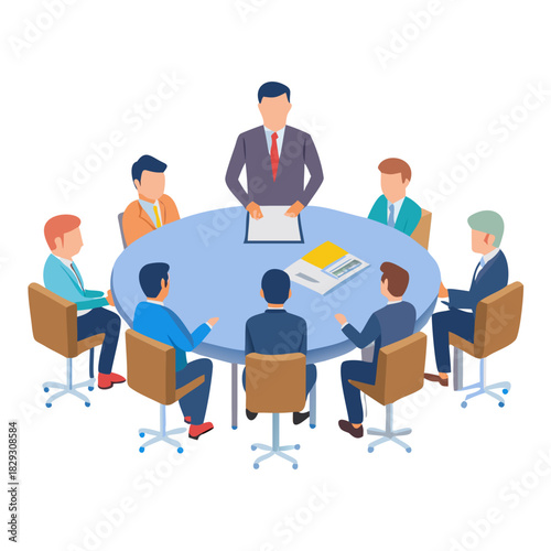Politician sitting at round table in boardroom. Board of directors with CEO holding formal talk in office room flat vector illustration. Business authority, corporate leader, planning strategy ... See