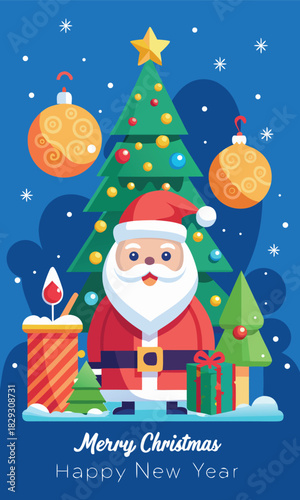 Cheerful Santa Claus with Christmas tree and gifts, perfect for holiday greetings and festive promotions, bringing joy and warmth to your designs