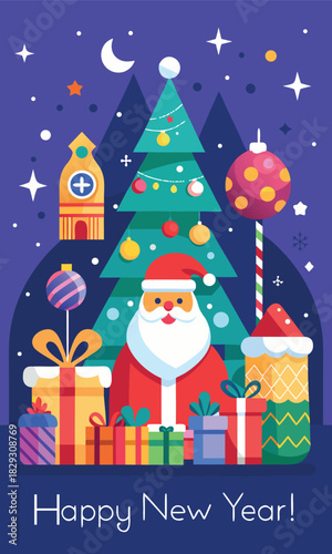 Celebrate the New Year with Santa, a festive tree, and gifts under a starry night sky, perfect for holiday promotions and joyful greetings!