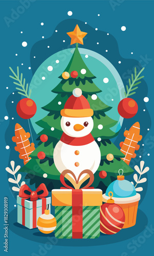 Joyful Christmas scene featuring festive tree, adorable snowman, and cheerful gifts that evoke holiday spirit and winter wonderland charm for seasonal greetings