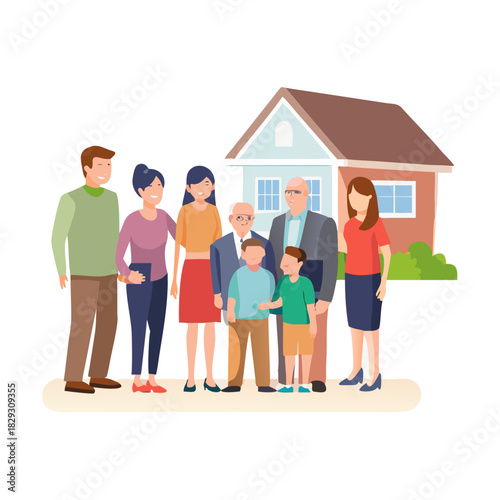 Big family meeting. Couple with senior parents and two kids standing together at suburban house. Vector illustration for love, togetherness, lifestyle concept See Less
