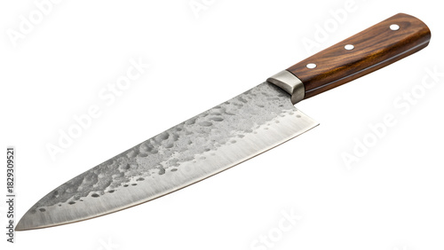 a hand-forged chef’s knife with wooden handle isolated on white