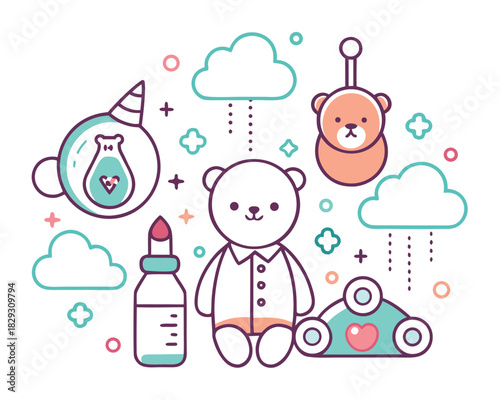 Cute Teddy Bear and Playtime Blue Line Art Elements