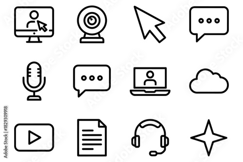 communication icons set,
Minimalist Online Communication Icons.
Video, Chat, Microphone, and Digital Tools Set