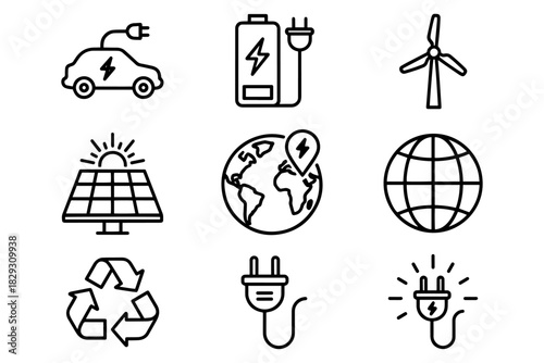Minimalist Renewable Energy Icons,
Electric Car, Solar, Wind, Battery, and Sustainability Symbols