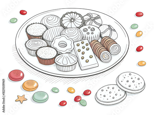 sweets plate ,illustration outline isolated on white background