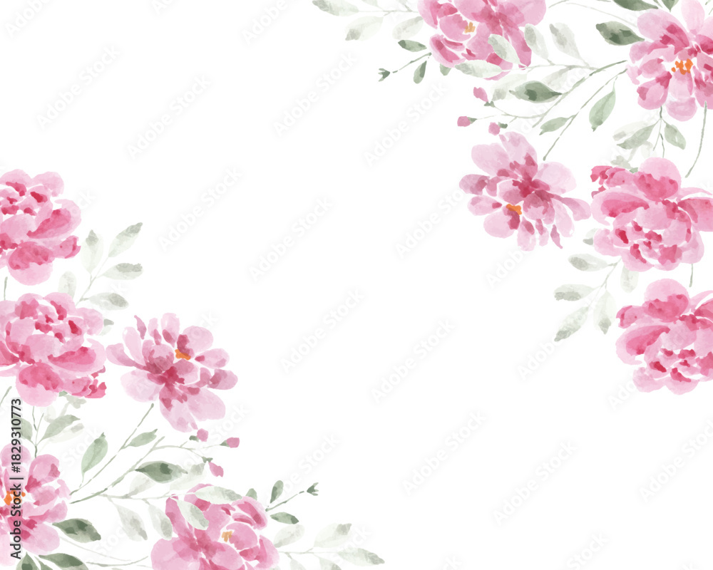 Fototapeta premium Hand Painted Pink Rose Watercolor Flower Border