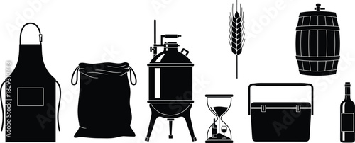 Black Silhouette Vector Set of Brewer's Apron, Malt Sack, Fermentation Tank, Wheat, Barrel, and Beverage Cooler, for Craft Beer or Wine.