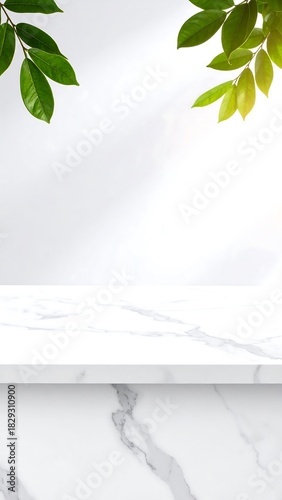 Leaf light reflections on white marble surface, soft highlights 