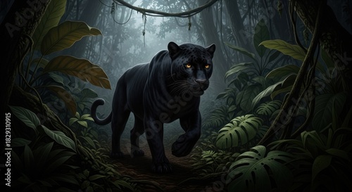 Mysterious black panther with glowing eyes stalking through a dark jungle.
