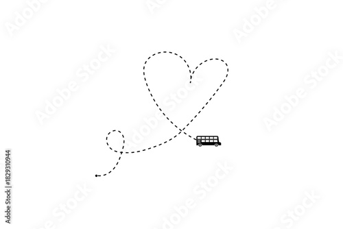 One dashed line drawing of passenger bus and heart sign label