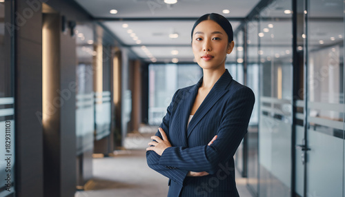 Wallpaper Mural Confident Asian businesswoman in a pinstripe suit standing with crossed arms in a modern corporate office corridor. Torontodigital.ca