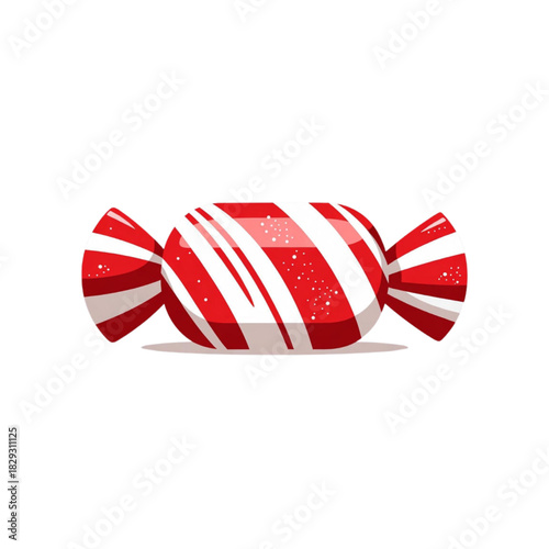 A single red and white striped hard candy wrapped in cellophane on a plain background