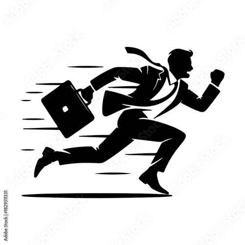 Businessman running late for work. Rushing with clock and briefcase. Deadline pressure and time management concept. Stressful job, urgency and challenge to finish on time.