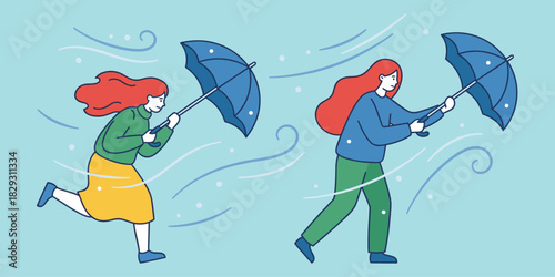 Windy weather, people with umbrellas, strong gusts, motion struggle, stormy day, cartoon style, flat vector illustration, red hair characters