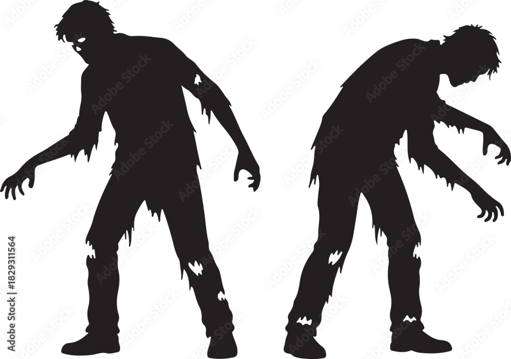 Fototapeta premium Two zombie silhouettes walking with outstretched arms, isolated on