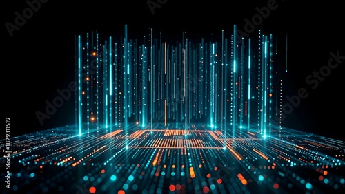 digital stage show landscape with vertical neon data stream flow on circuit board grid line floor at dark night background