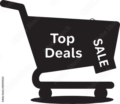 Shopping cart with top deals and sale tag, isolated on