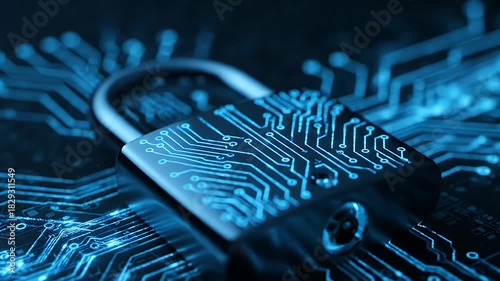 Futuristic Digital Padlock Secured on Circuit Board with Glowing Blue Lines Representing Data Protection