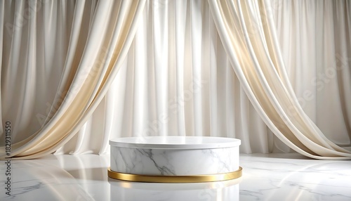 White marble base with semi-transparent silk curtain flowing gently in the background