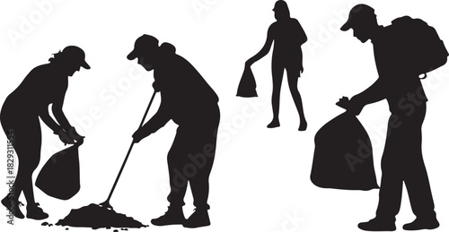 People cleaning up environment, collecting trash, isolated on