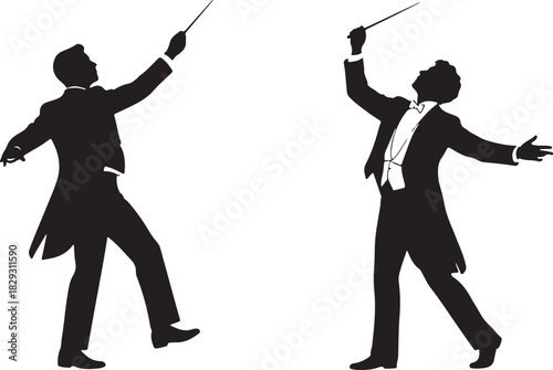 Silhouettes of two male orchestra conductors, isolated on