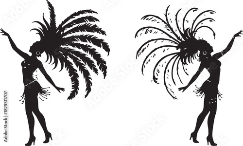 Two showgirl silhouettes with feathered headdresses, isolated on