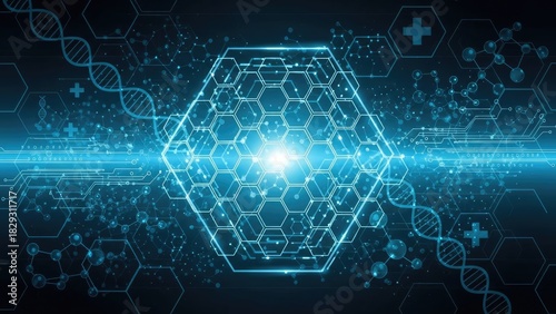 Abstract Concept of Medical Science and Futuristic Technology with DNA Strands, Hexagonal Structures, and Digital Health Innovation Background