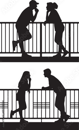 Silhouettes of couples leaning on a railing, isolated on