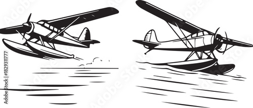 Classic floatplanes taking off and landing on water, isolated on