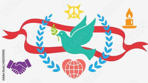 A collection of peace and unity symbols featuring a dove with an olive branch, laurel wreath, handshake, and heart-shaped globe.