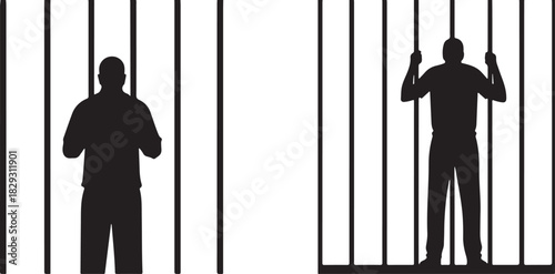 Silhouettes of men behind prison bars, isolated on