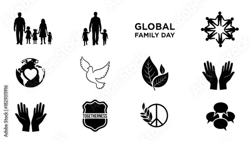 A collection of black and white icons celebrating Global Family Day, symbolizing peace, unity, and family.