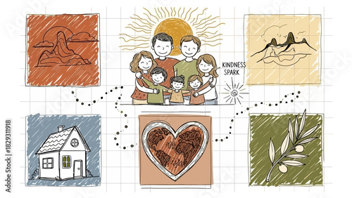 Hand-drawn illustration of a family surrounded by nature, home, and a heart, symbolizing kindness and connection.