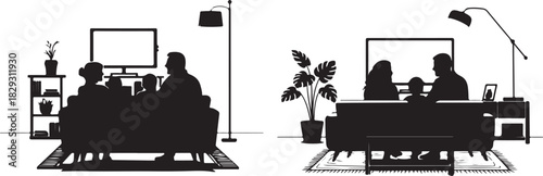 Silhouettes of people relaxing in living rooms, watching tv or interacting isolated on