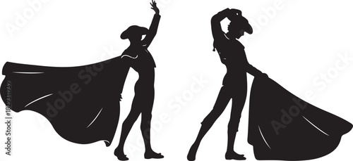 Silhouettes of two matadors with capes, performing bullfighting isolated on