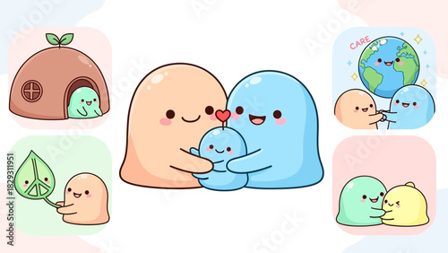 A collection of cute cartoon blob characters showing love, family, and care for the environment.