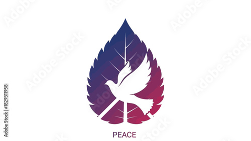 A dove of peace inside a leaf with a peace sign, representing harmony and nature.