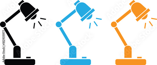 Three modern desk lamps in black blue and orange vector set