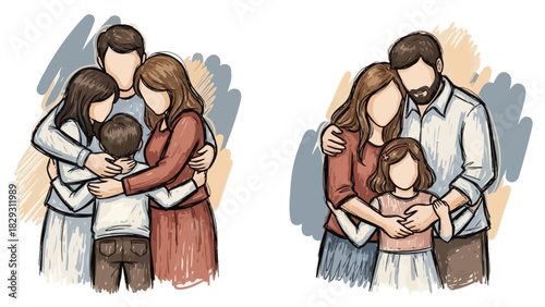 An illustration of a loving family of four, including parents, a daughter, and a son, embracing each other warmly.