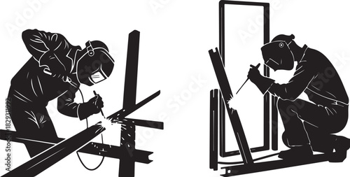 Two welders working on metal structures, isolated on