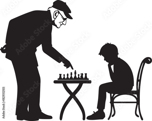 Elderly man teaching young boy to play chess, isolated on