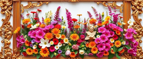 Ornate gold frame overflowing with vibrant summer blooms, detail, botanical
