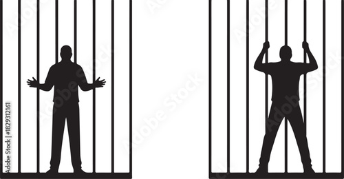 Two men silhouettes behind prison bars, concept of confinement, isolated on