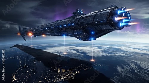 Wallpaper Mural Futuristic Spacecraft Above Earth Surface Dark Tones and Aurora Lights Digital Illustration Torontodigital.ca