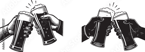 Hands toasting with beer glasses, vintage style illustration isolated on