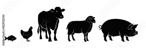 Farm Animals Lineup Fish Chicken Cow Sheep Pig Black Silhouettes